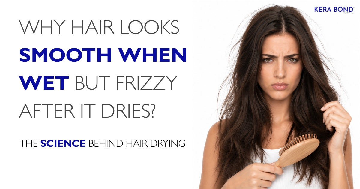 Kera Bond infographic explaining why hair looks smooth when wet but frizzy after drying, featuring a woman holding a hairbrush.